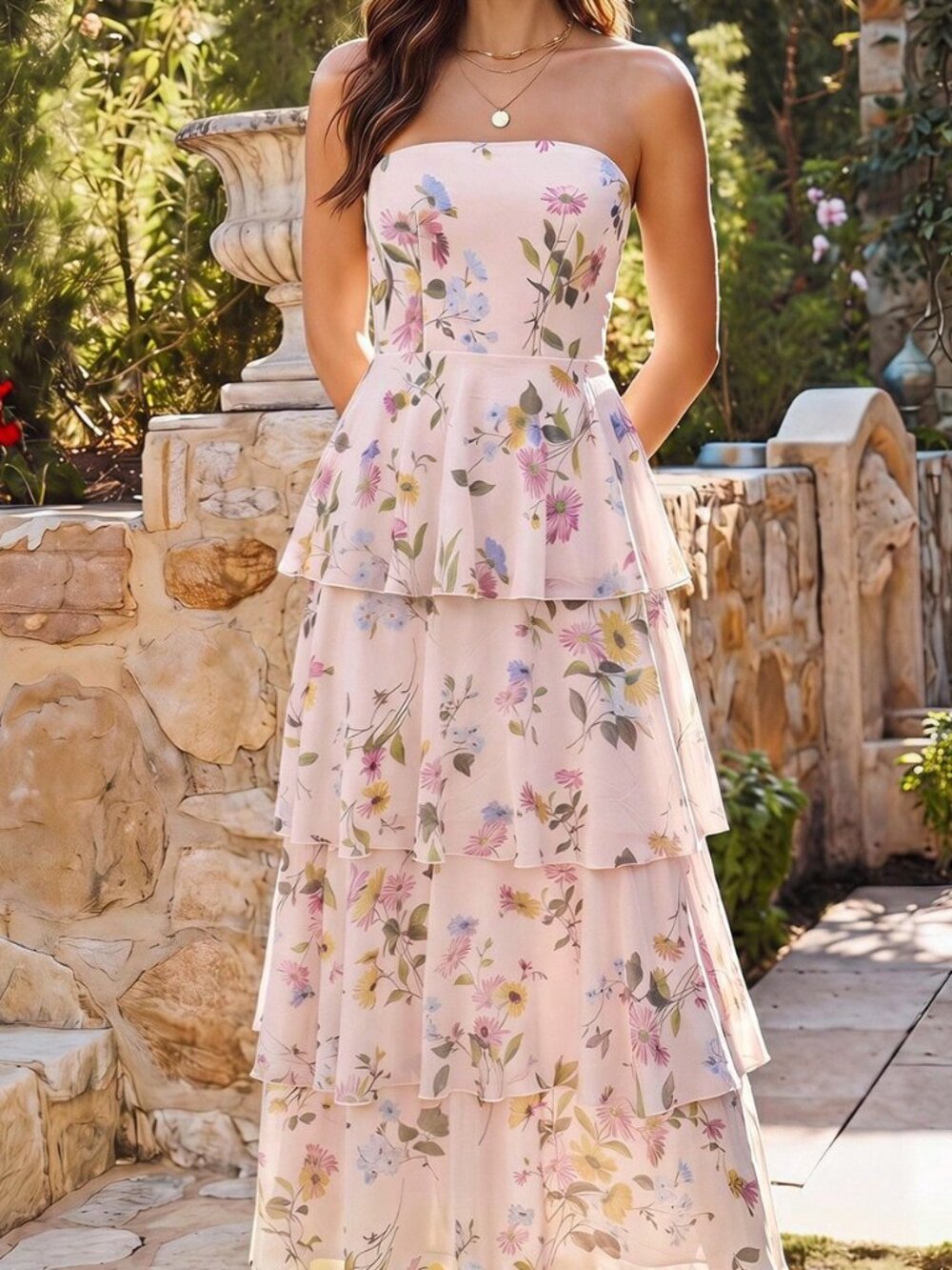 Dusty Pink Boho Floral Women's Strapless Chiffon Dress - Picture 5 of 10